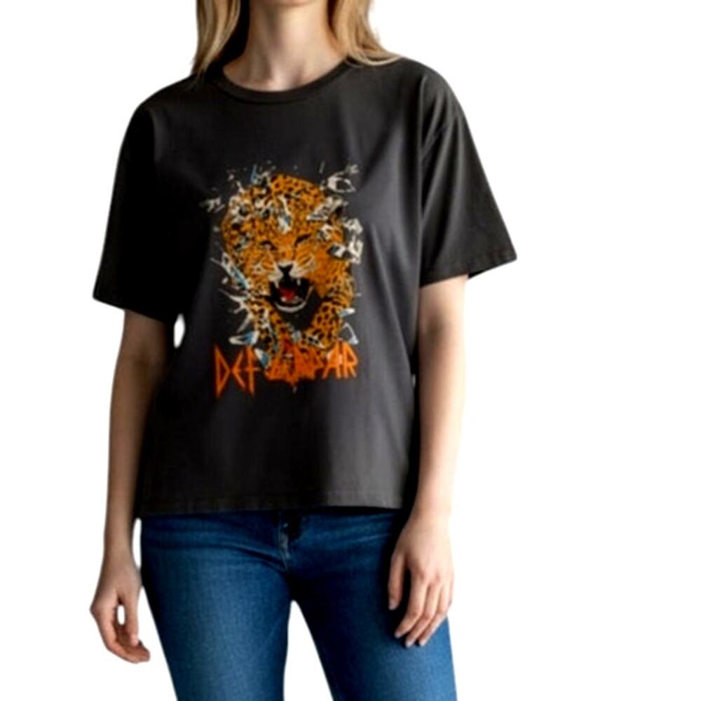 Shein Women's Small Gray Orange Def Leppard Short Sleeve Crew Neck Leopard Tee